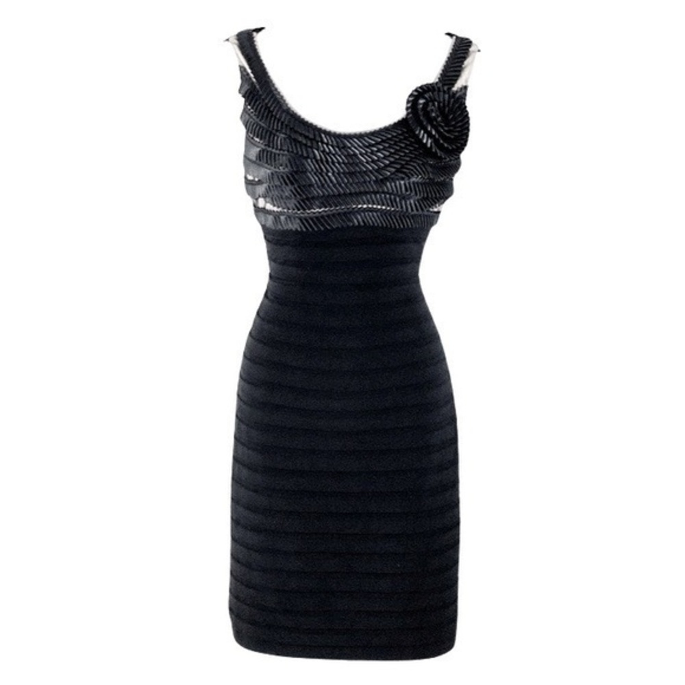 Adrianna Papell black banded pleat sheath dress